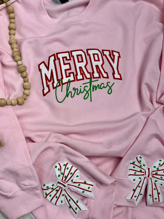 Merry Christmas Embroidery With Bow Sides