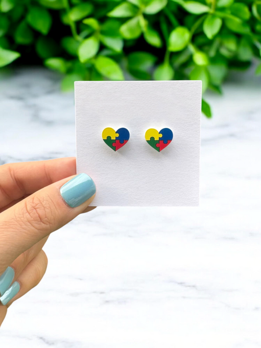 Autism Puzzle Piece Heart Studs