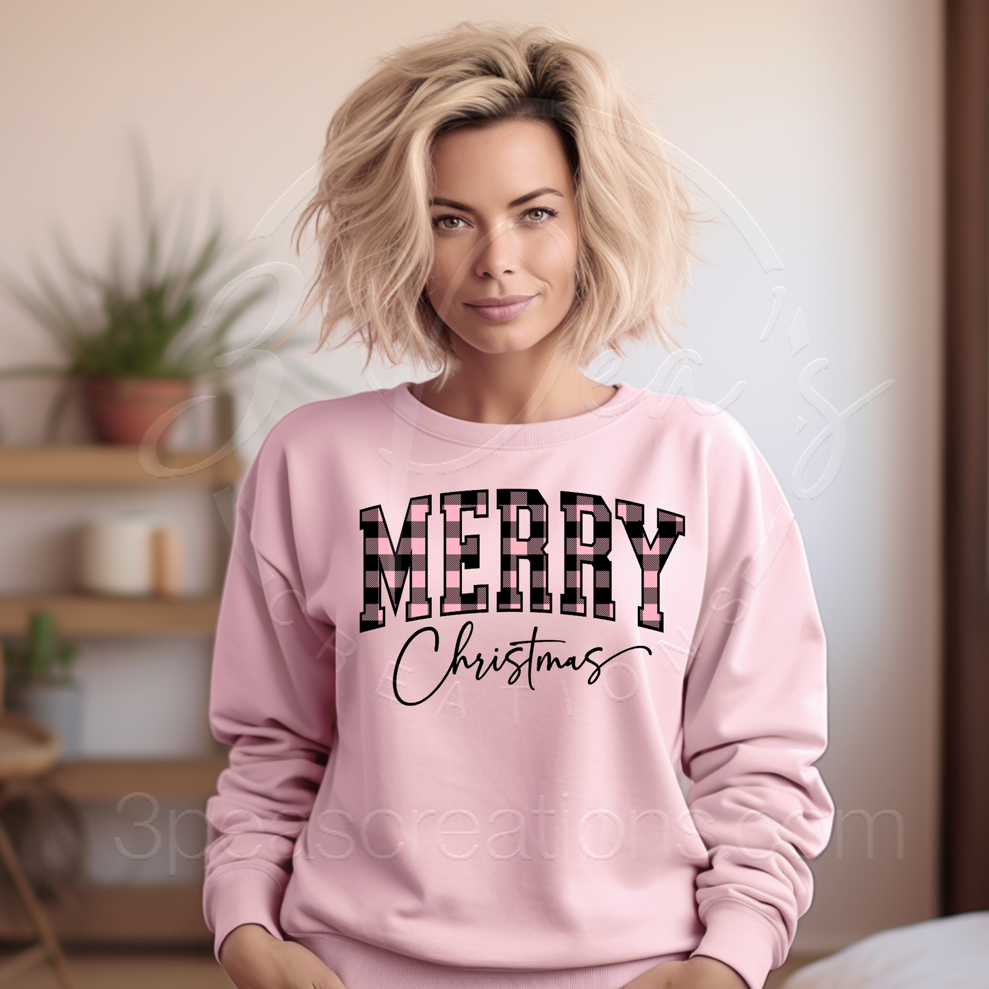 Merry Christmas Pink Plaid Block Letter