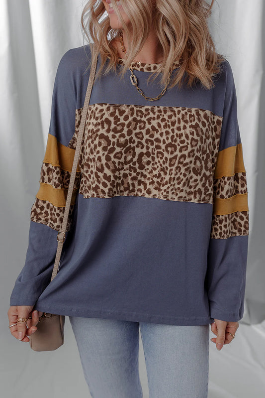 Blue Leopard Colorblock Top